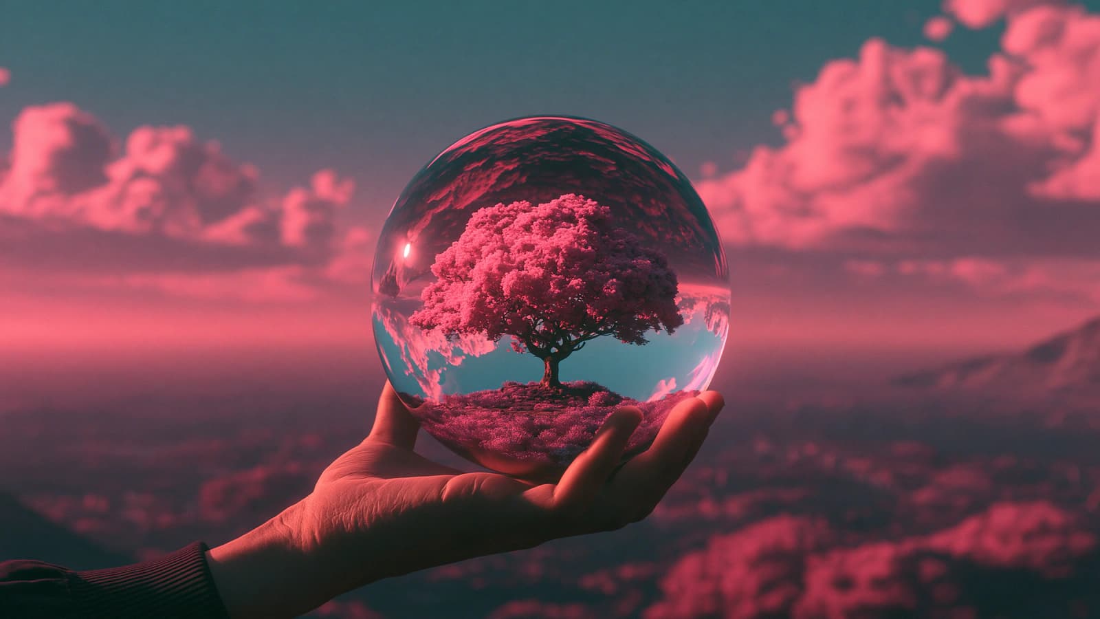Una mano sostiene una esfera de cristal con un árbol en flor dentro, sobre un mar de nubes rosadas